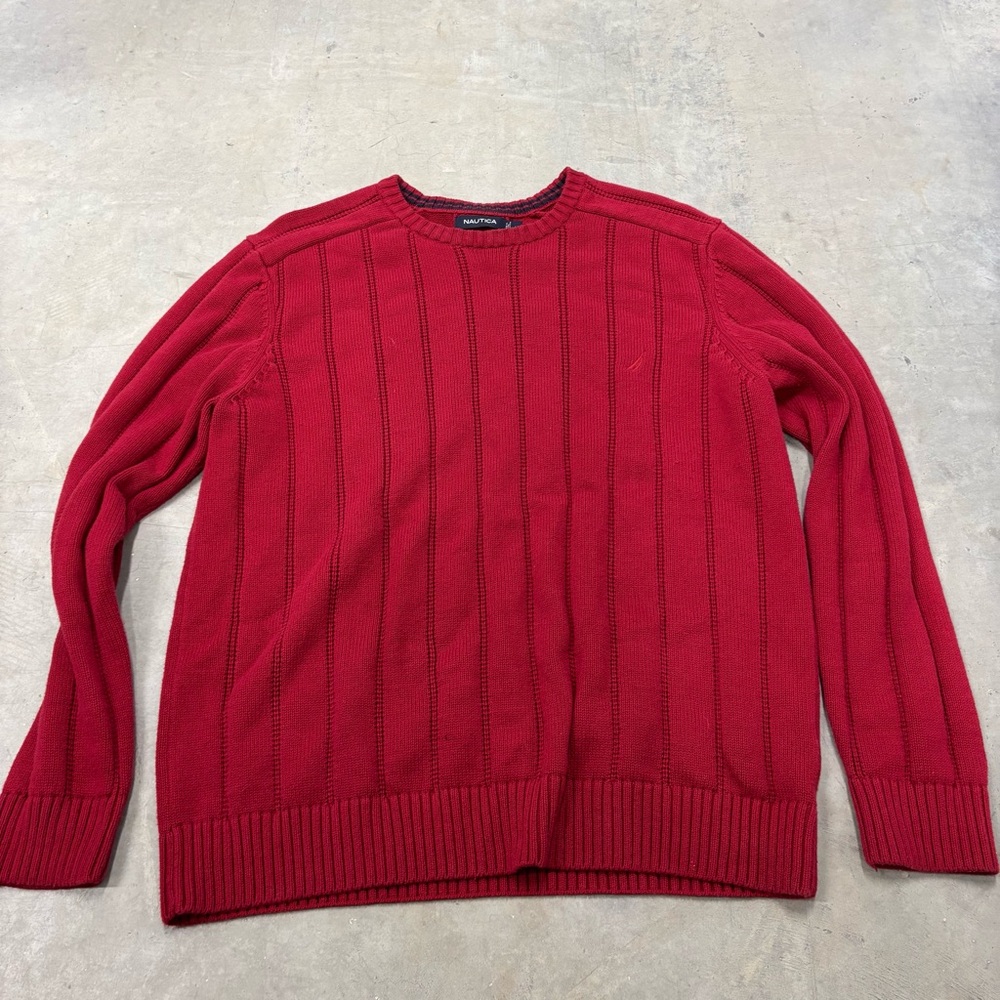Nautica Men's Red 100% Cotton Round Neck Long Sleeve Pullover Sweater Size Large